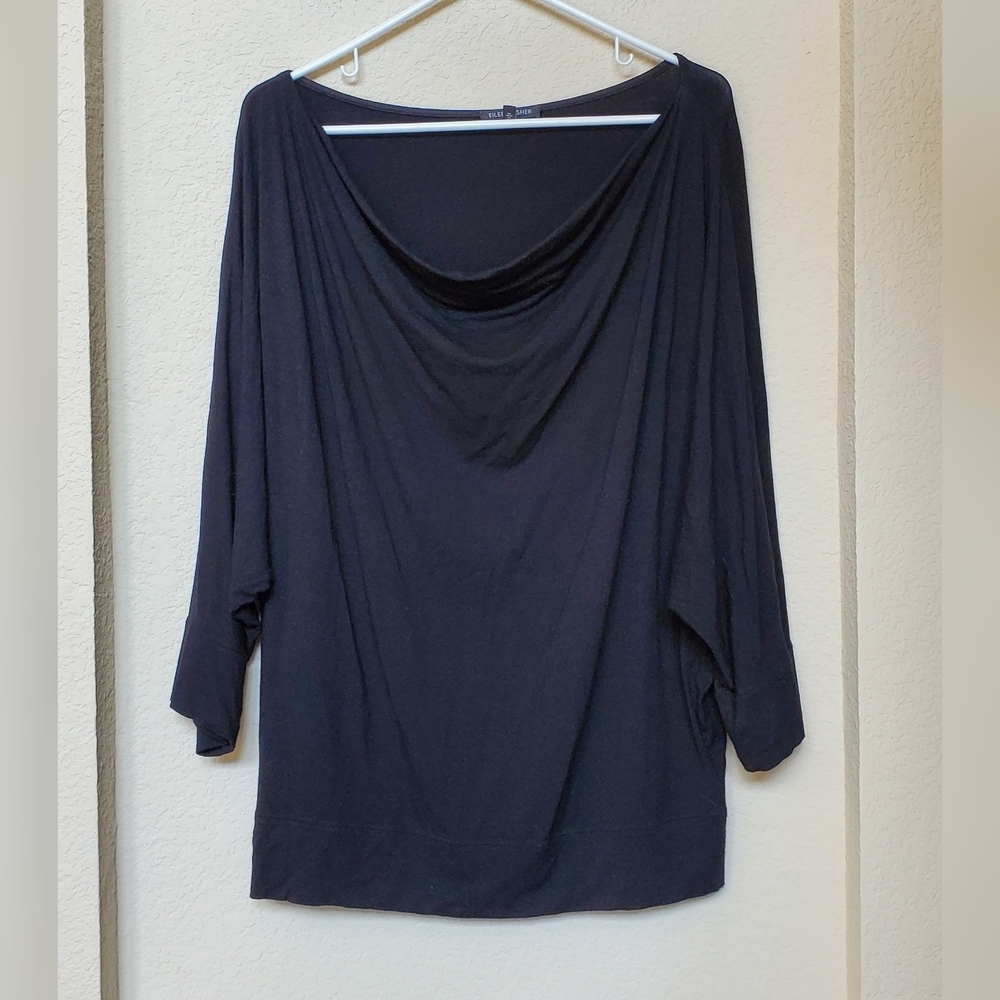 Eileen Fisher Black Drape Neck Blouse.  Size Large